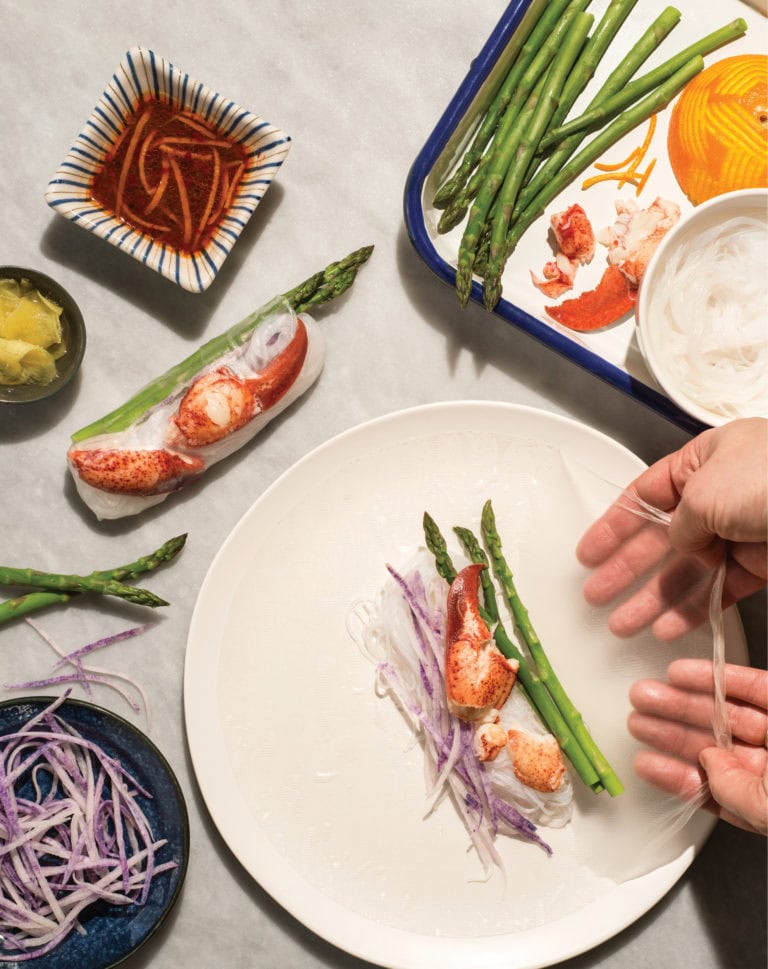 Lobster, Asparagus, and Daikon Summer Rolls with Orange, Sesame, and Chile Dipping Sauce