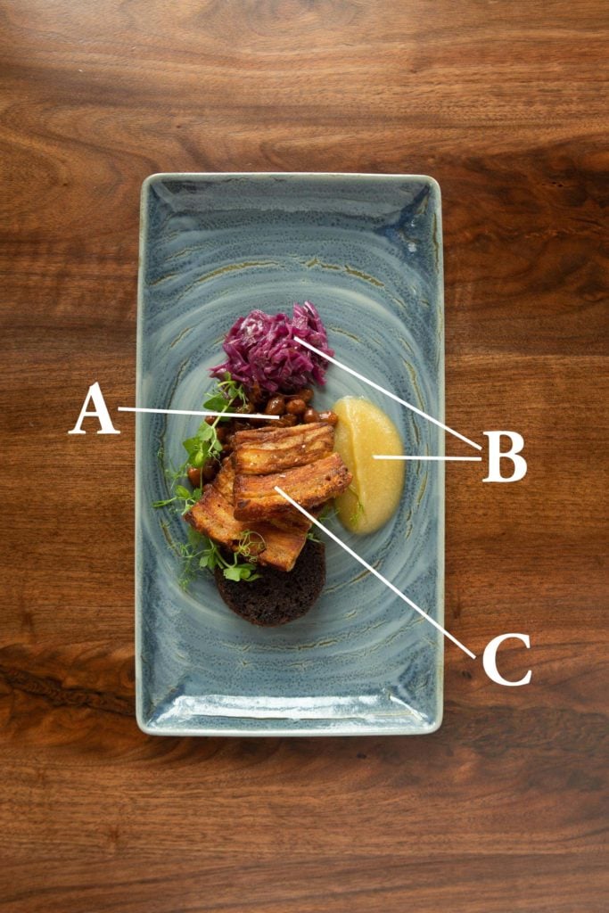 edible MAINE - Pork & beans with heritage pork belly, bourbon applesauce, steamed brown bread, red cabbage, and maple baked beans