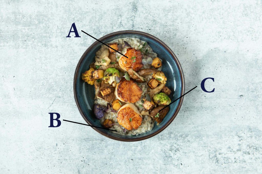 edible MAINE - Toasted barley risotto with scallops, sautéed mushrooms, roasted cauliflower, butternut squash, and ricotta and parmesan Reggiano cheeses