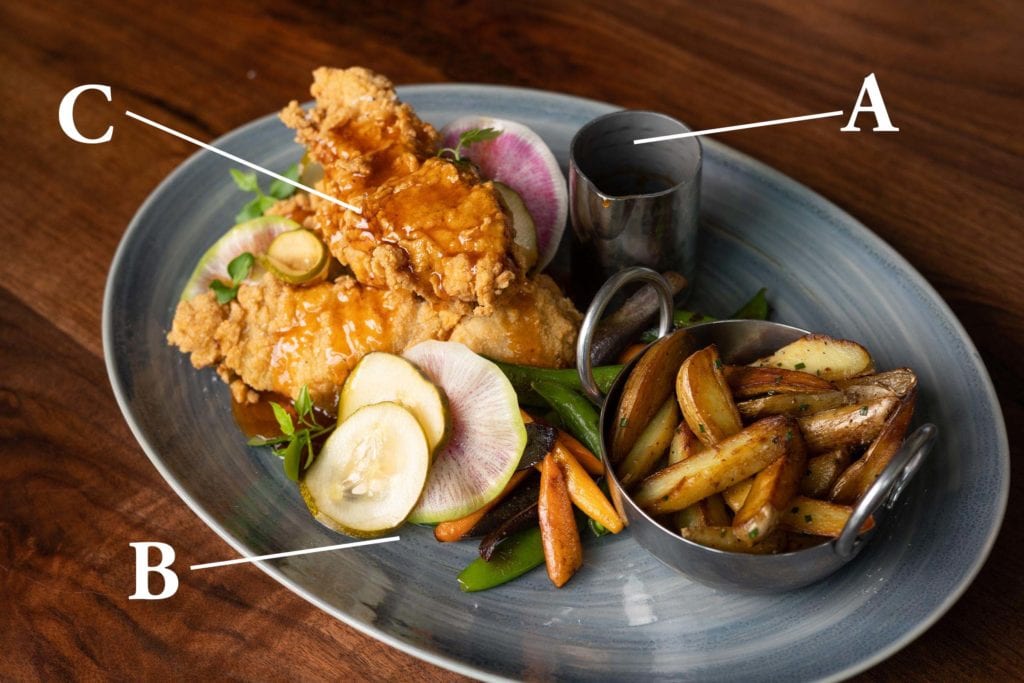edible MAINE - Crispy fried chicken with peas & carrots, potatoes, pickles, and hot maple honey