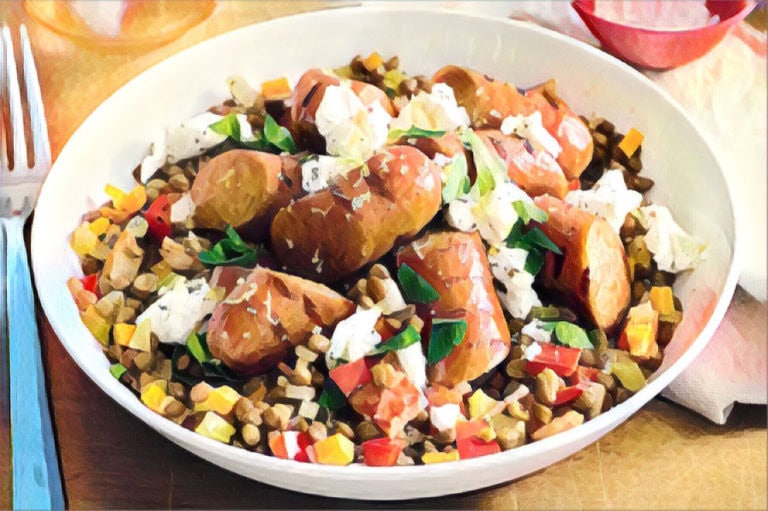 edible MAINE - Lamb and Sweet Potato Sausage with Lentil and Feta Salad