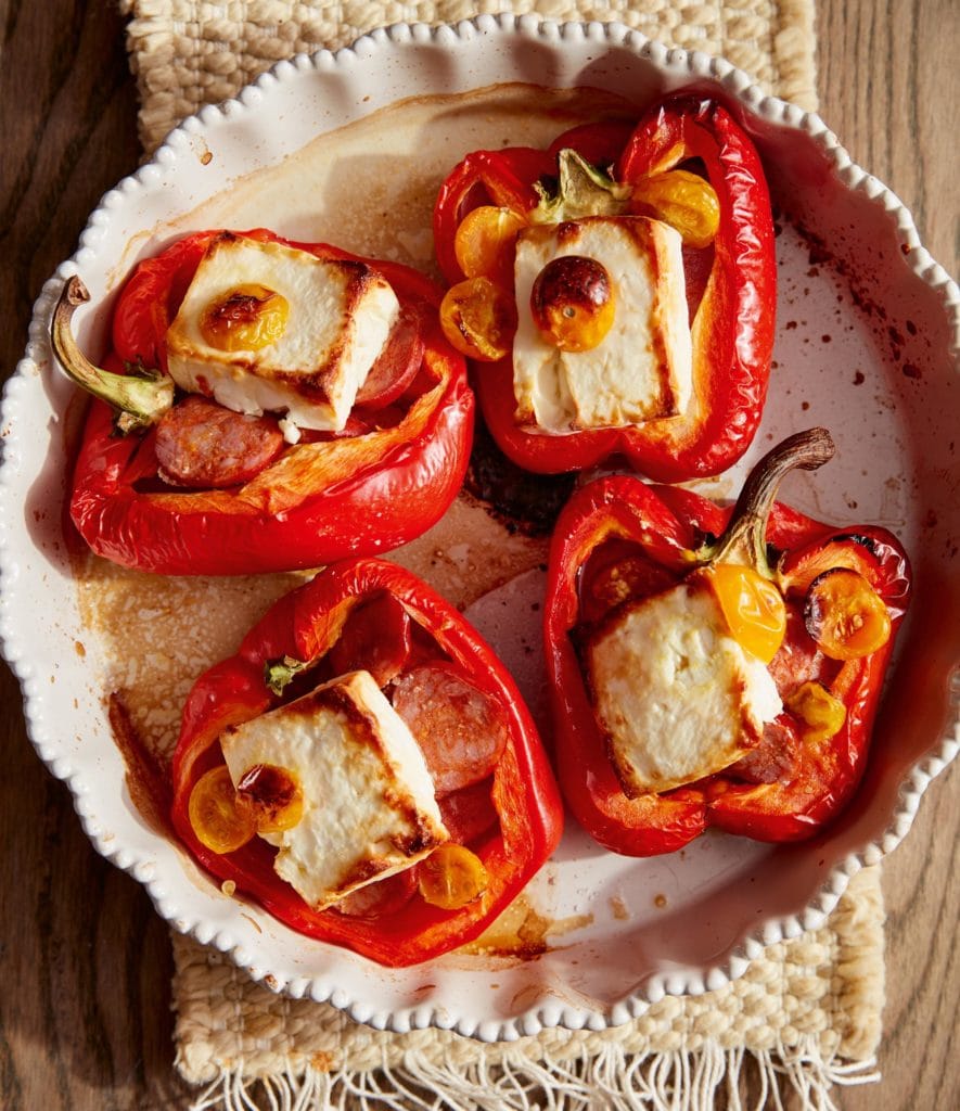 edible MAINE - Roasted Red Bell Pepper Halves with Linguiça and Feta