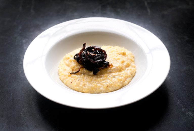 edible MAINE - Creamy Polenta with Charred Onions and Black Trumpet Mushrooms