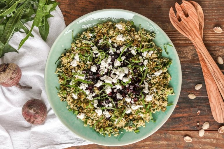 edible MAINE - Dandelion Greens and Quinoa Salad with Beets and Goat Cheese