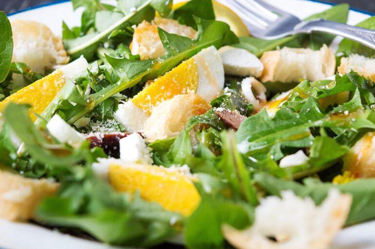 edible MAINE - Summer Dandelion Salad with Bacon Vinaigrette and Homemade Croutons