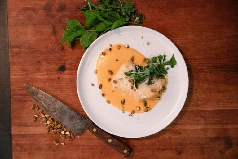 edible MAINE - Cod with Butternut Squash-Tahini Purée