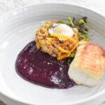edible MAINE - Bread Skin Cod with Wild Rice, Poached Quail Egg, and Blueberry Wojape