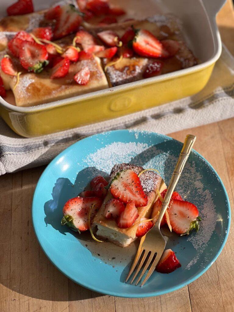 edible MAINE - Feta Blintz with Spring Strawberries, Lemon, and Honey