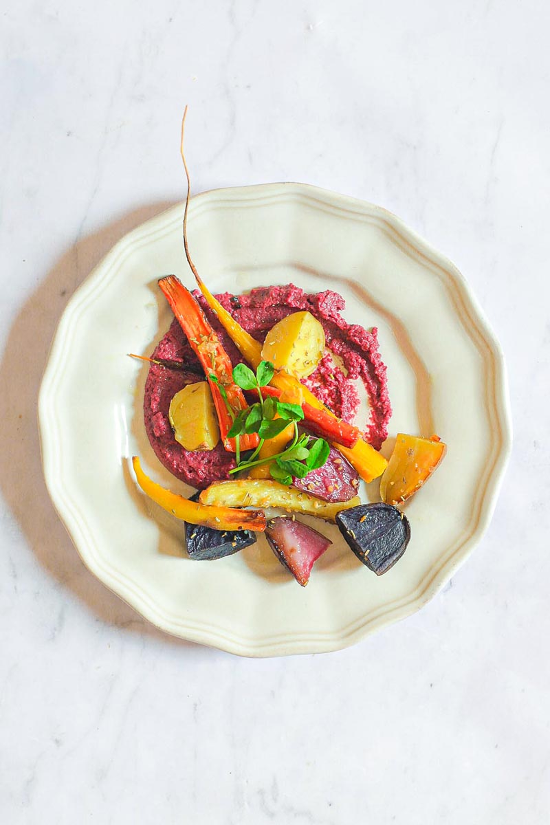 edible MAINE - Roasted Root Vegetables with Harvest Maine Beet and Carrot Spread