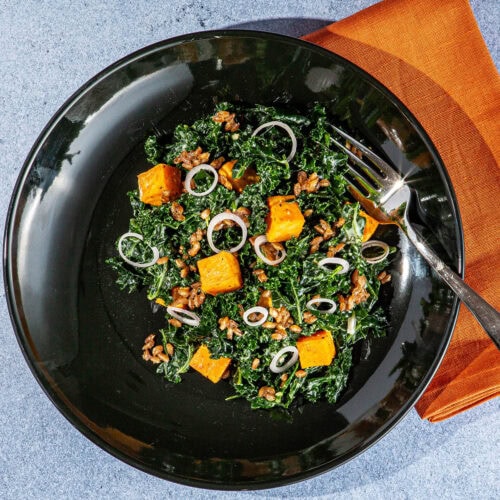 edible MAINE - Roasted Sweet Potato and Kale Salad with Tahini Dressing