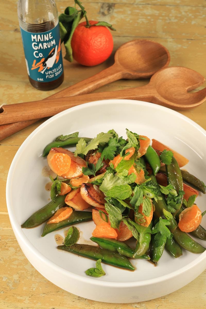 edible MAINE - Pan-Roasted Snap Peas and Turnips with Garum, Mint, and Mandarin